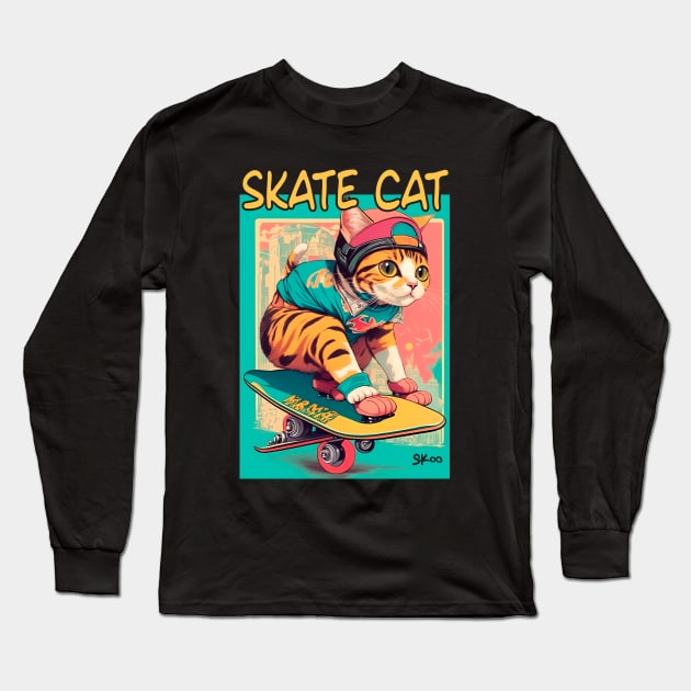 Skate Cat Vintage Tee, Funny Retro Animals on Skateboards Long Sleeve T-Shirt by Printofi.com